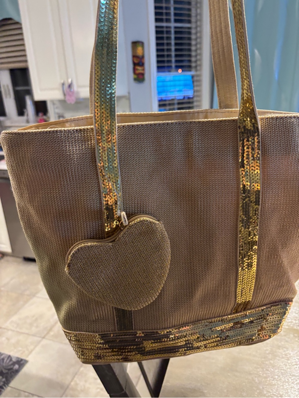 Gold Sequin Trim Beige Tote Bag with Heart Pouch
